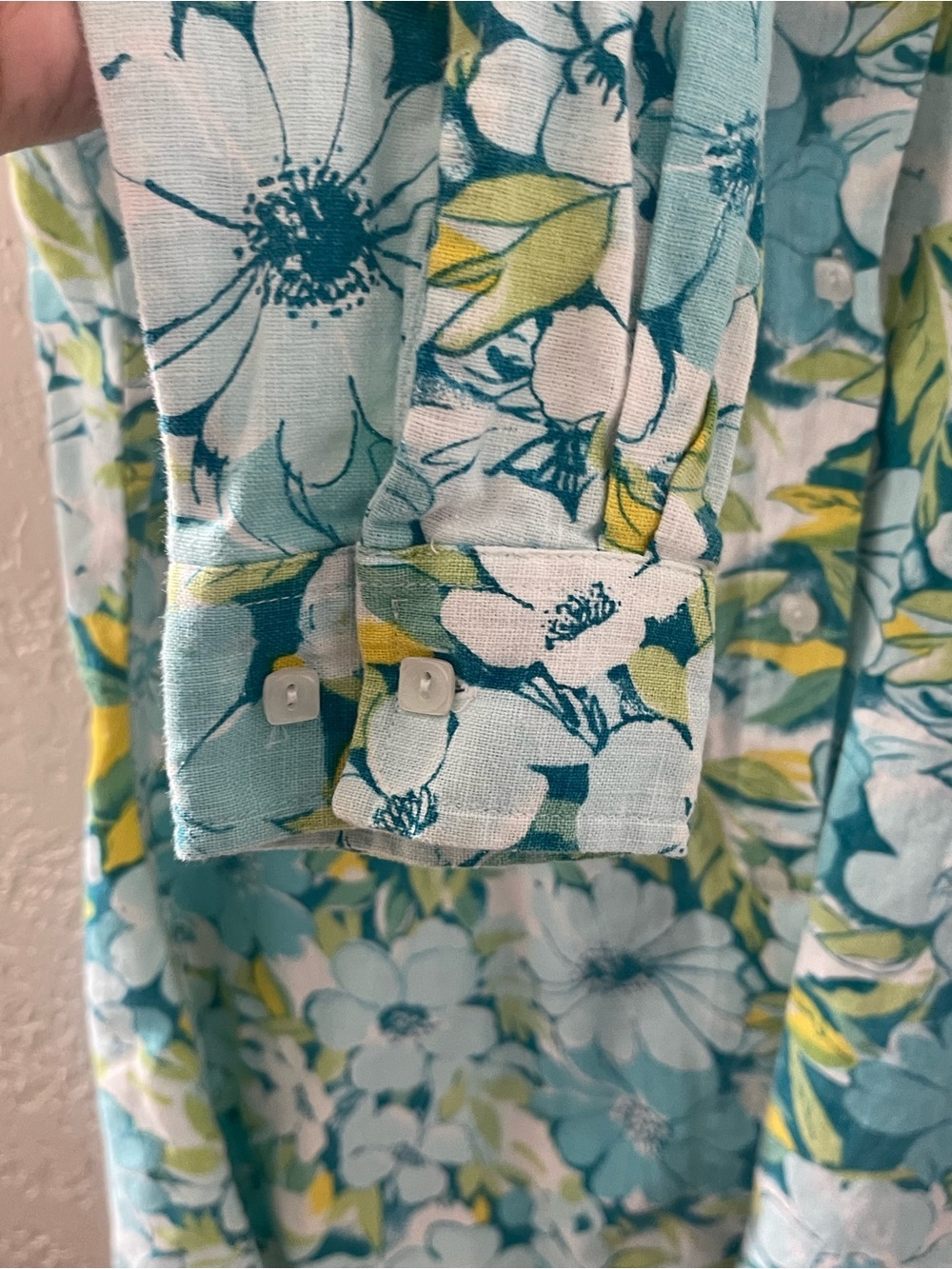 Kim Rogers Casual Aqua and Yellow Floral Linen Shirt Small Adjustable Sleeves - Picture 4 of 7